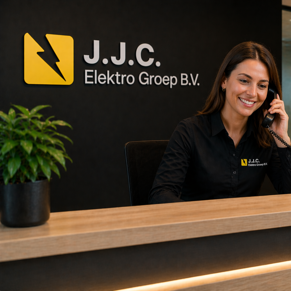 Medewerker van J.J.C. Elektro Groep aan de telefoon bij de receptie