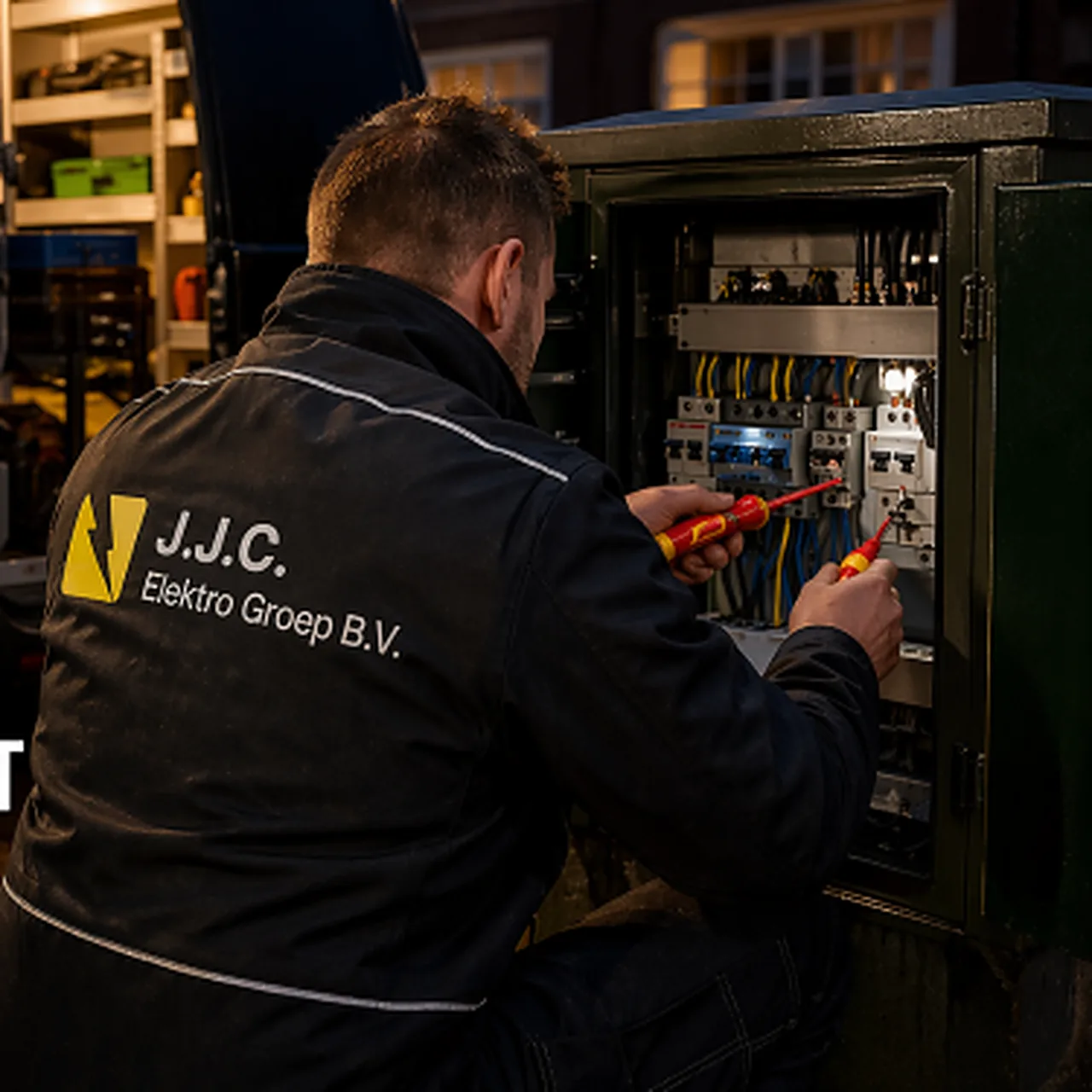Monteur werkt aan een moderne elektrische verdeelinrichting